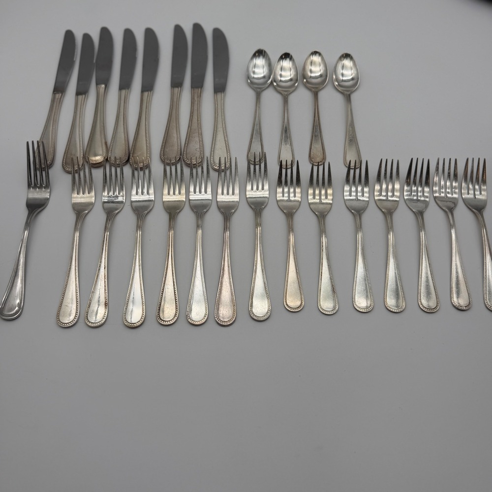 International Silver Stainless Flatware Set 27pc Beaded Pattern Korea Glossy